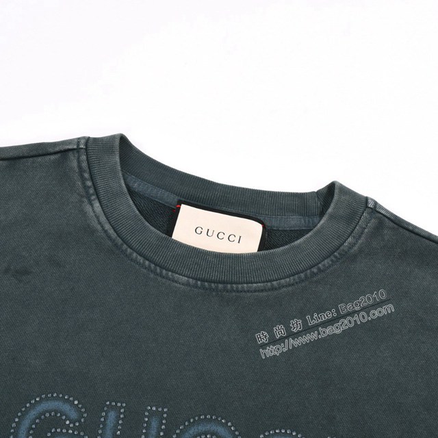 Gucci古奇專櫃古馳2023FW新款重工洗水紮染燙鑽圓領衛衣 男女同款 tzy3204